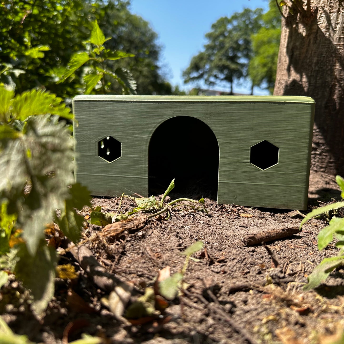 HexaHouse van olive groen kleurig PLA, geplaatst in een natuurlijke buitenomgeving – 3D-geprint knaagdierhuisje met zeshoekige ramen.