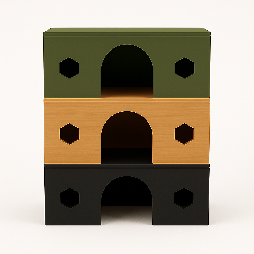 Drie 3D-geprinte HexaHouses in houtkleur, olijfgroen en zwart, gestapeld op elkaar – knaagdierhuisjes met zeshoekige ramen tegen een witte achtergrond.
