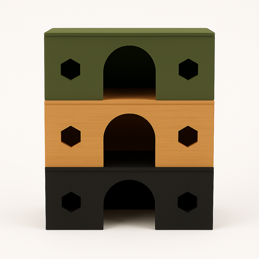 Drie 3D-geprinte HexaHouses in houtkleur, olijfgroen en zwart, gestapeld op elkaar – knaagdierhuisjes met zeshoekige ramen tegen een witte achtergrond.