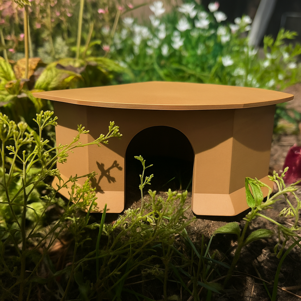 Hoekhuisje van hout kleurig PLA, geplaatst in een bosachtige omgeving op een bed van bladeren en mos – 3D-geprint knaagdierhuisje met ronde ingang.