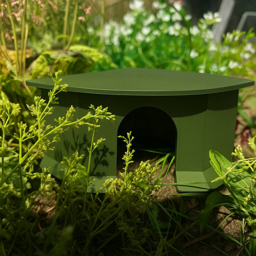 Hoekhuisje van olive groen kleurig PLA, geplaatst in een bosachtige omgeving op een bed van bladeren en mos – 3D-geprint knaagdierhuisje met ronde ingang.