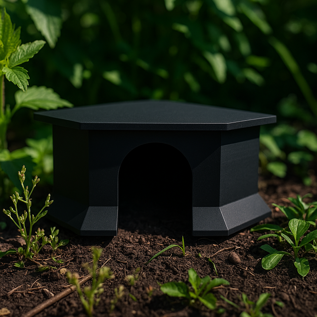 Hoekhuisje van zwart kleurig PLA, geplaatst in een bosachtige omgeving op een bed van bladeren en mos – 3D-geprint knaagdierhuisje met ronde ingang.