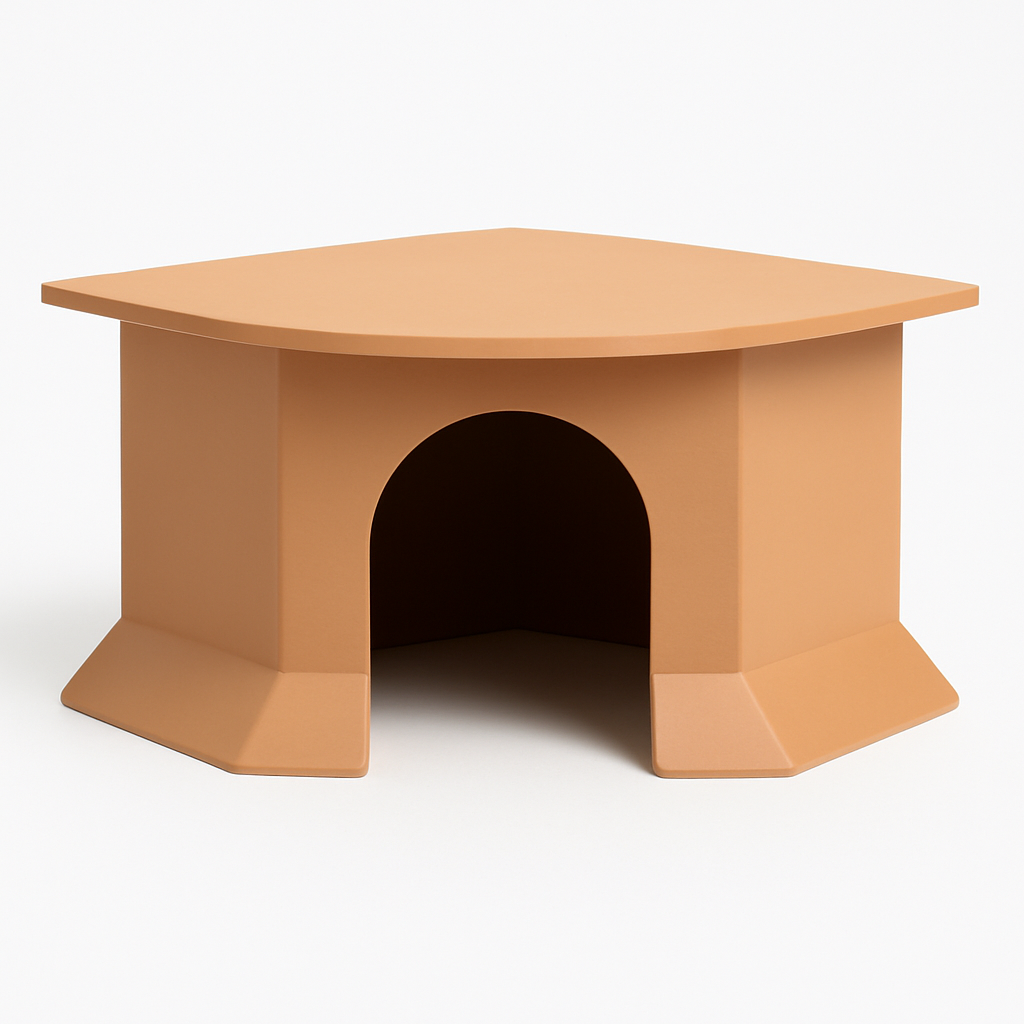 Hoekvormig knaagdierhuisje van PLA in houtkleur, 21x21x11,5 cm – geschikt voor ratten, hamsters en andere kleine knaagdieren.