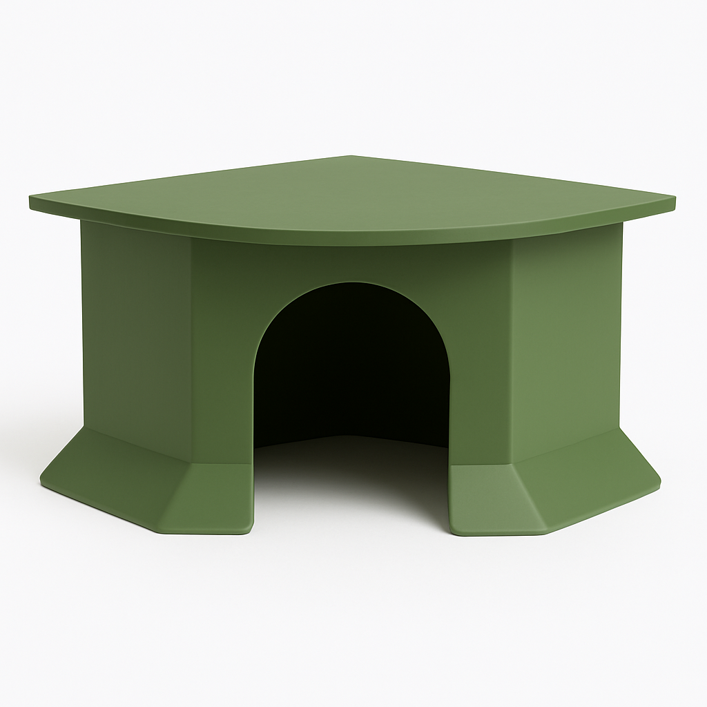 Hoekvormig knaagdierhuisje van PLA in olive groen kleur, 21x21x11,5 cm – geschikt voor ratten, hamsters en andere kleine knaagdieren.