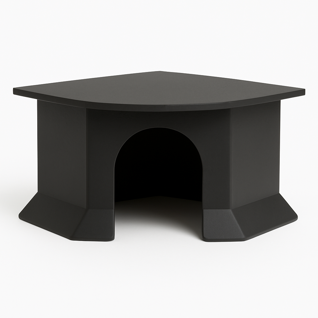 Hoekvormig knaagdierhuisje van PLA in zwart kleur, 21x21x11,5 cm – geschikt voor ratten, hamsters en andere kleine knaagdieren.